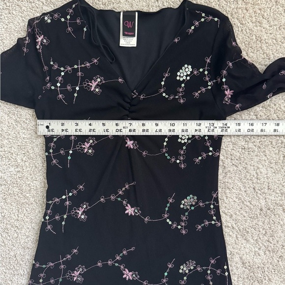 Black Dark Floral Ruched Fitted Y2K Whimsigoth Fairy  Top with Sequins - Picture 9 of 11